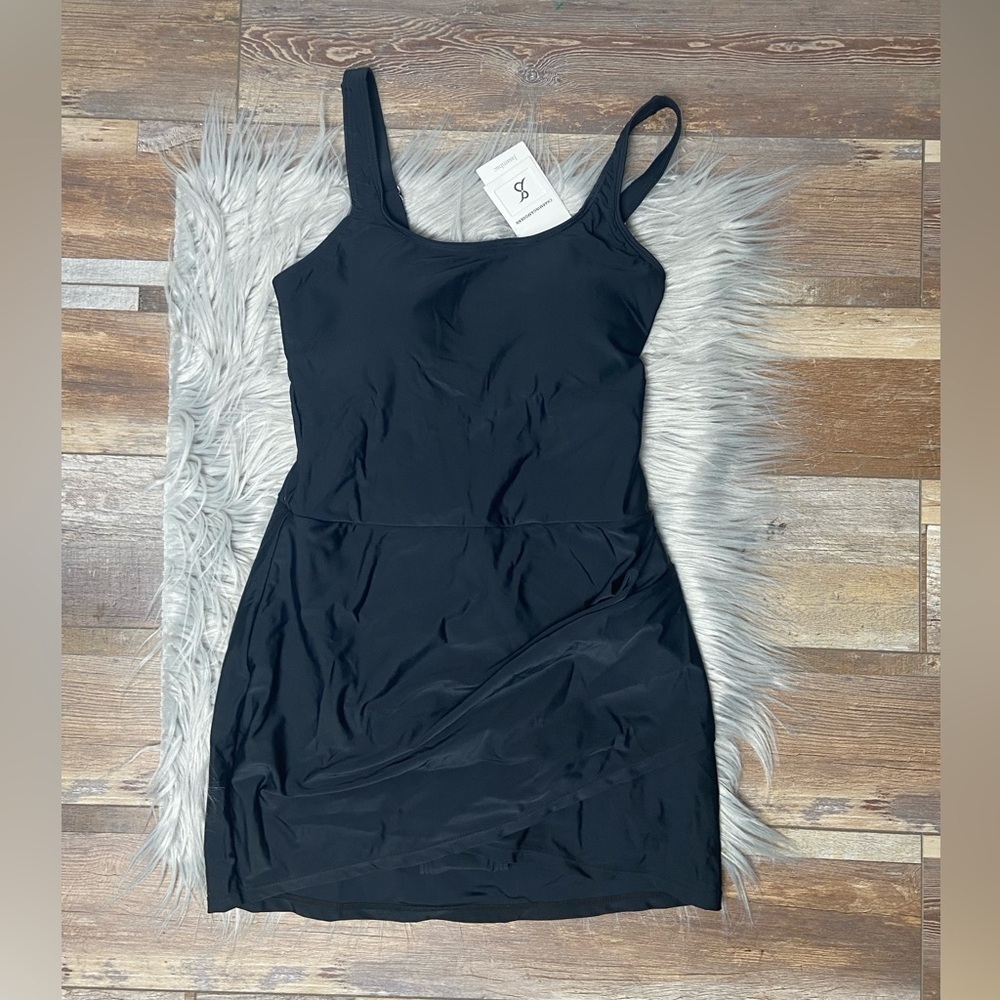 Jasambac Dresskini One Piece Swimsuit Size S Black Ruched Padded Build‎ Up Bra
